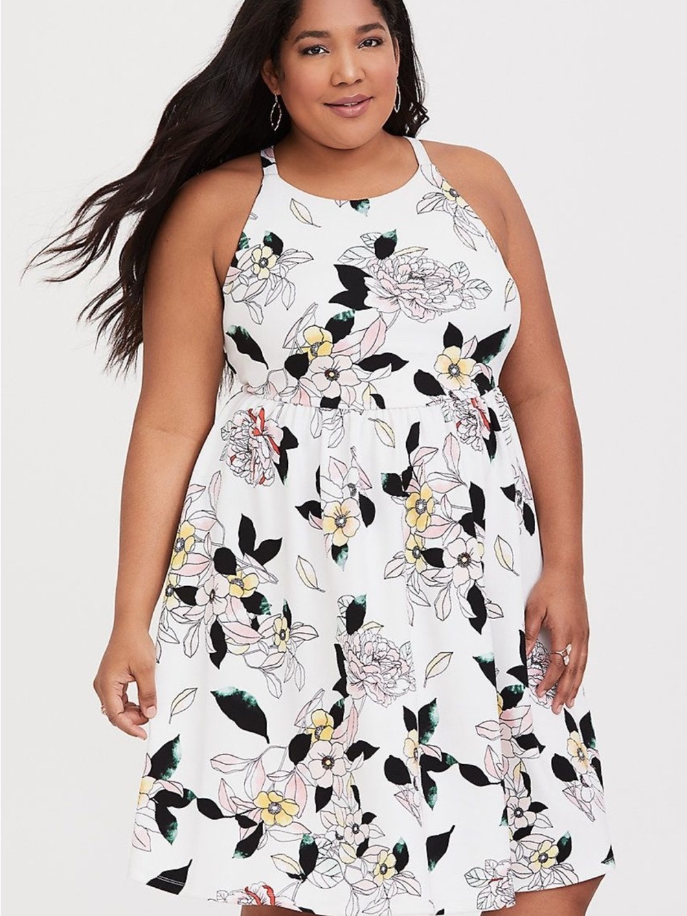 Torrid White Floral Halter Midi Dress with Black Leaf Accents